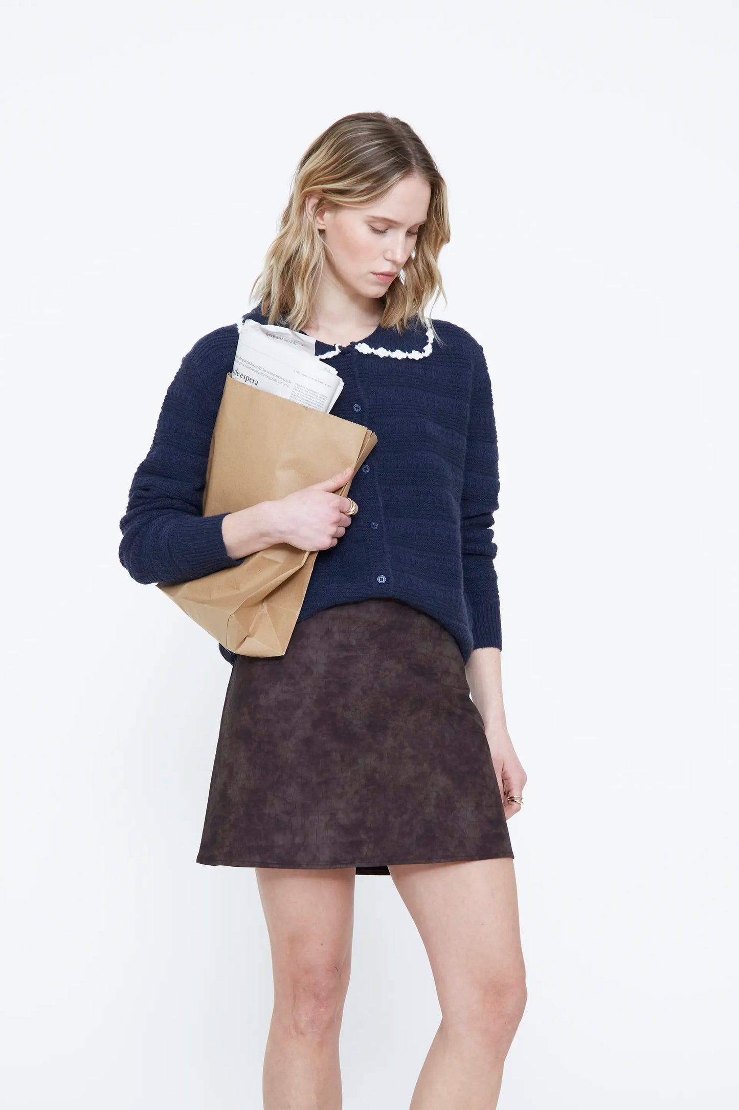 Navy bib collar knit cardigan