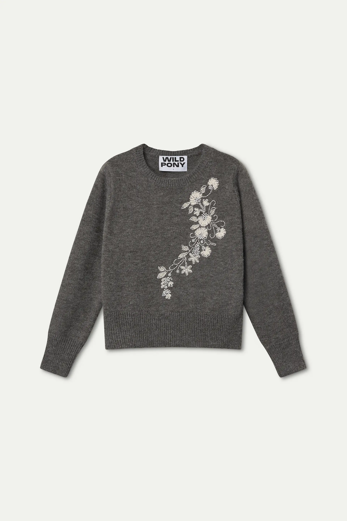 Jersey punto gris con detalle bordado de flores blancas