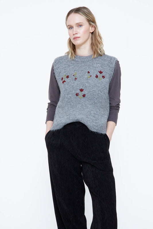 Grey vest with red flower embroidery