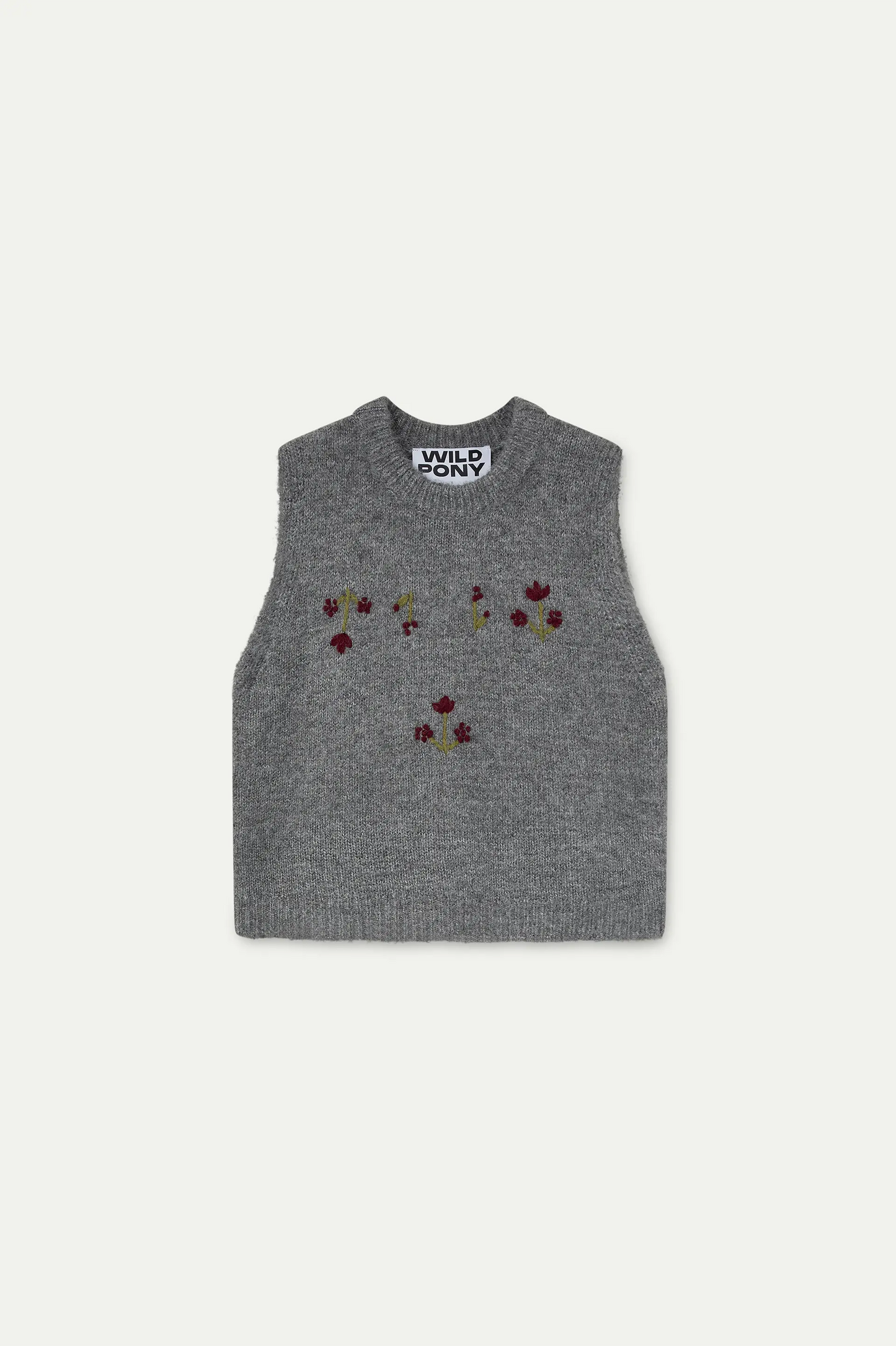 Chaleco gris con bordado de flores rojas