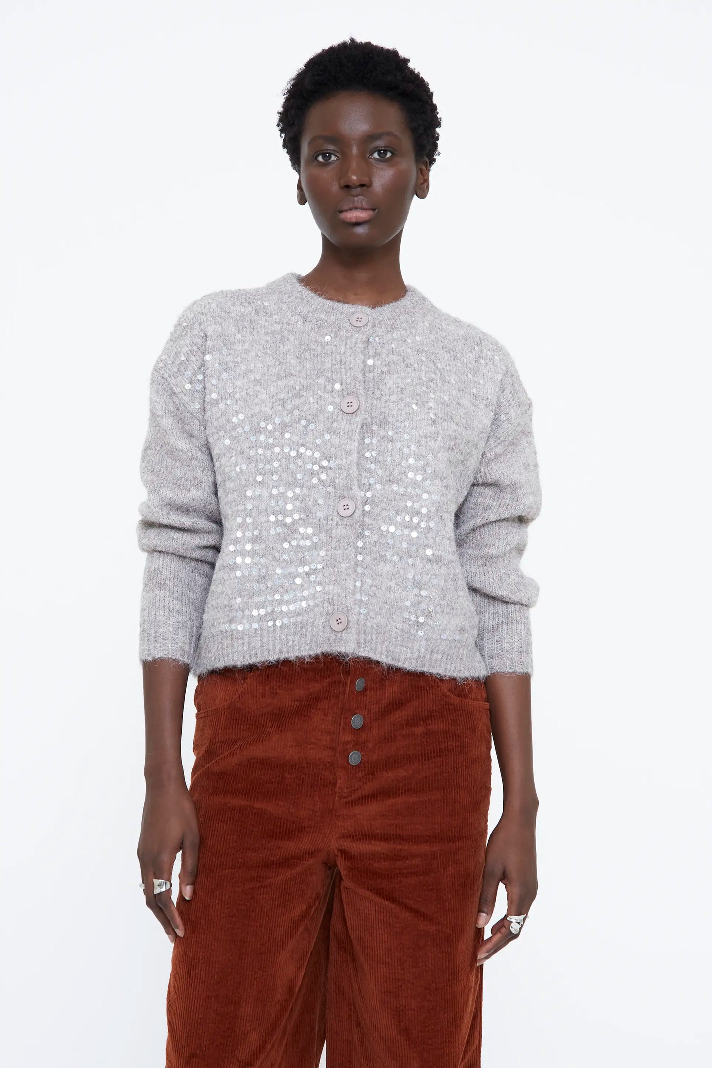 Taupe knit cardigan with sequins