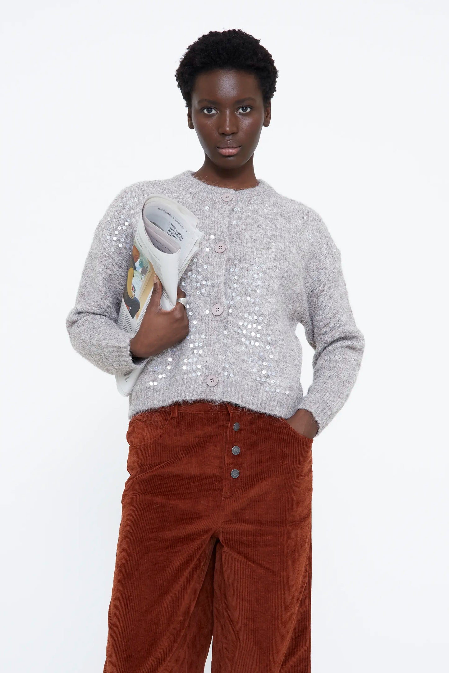 Taupe knit cardigan with sequins