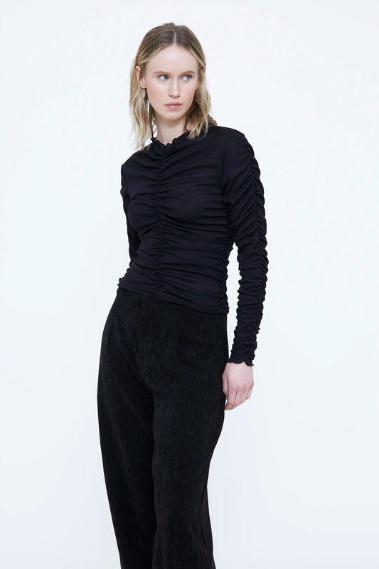 Black ruched long-sleeved T-shirt