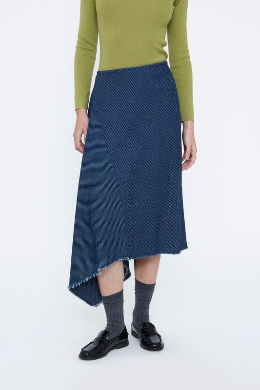Navy blue denim midi skirt