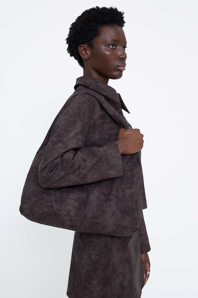 Brown crocodile effect print shoulder bag