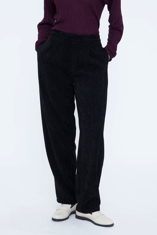 Black velvet straight-leg trousers