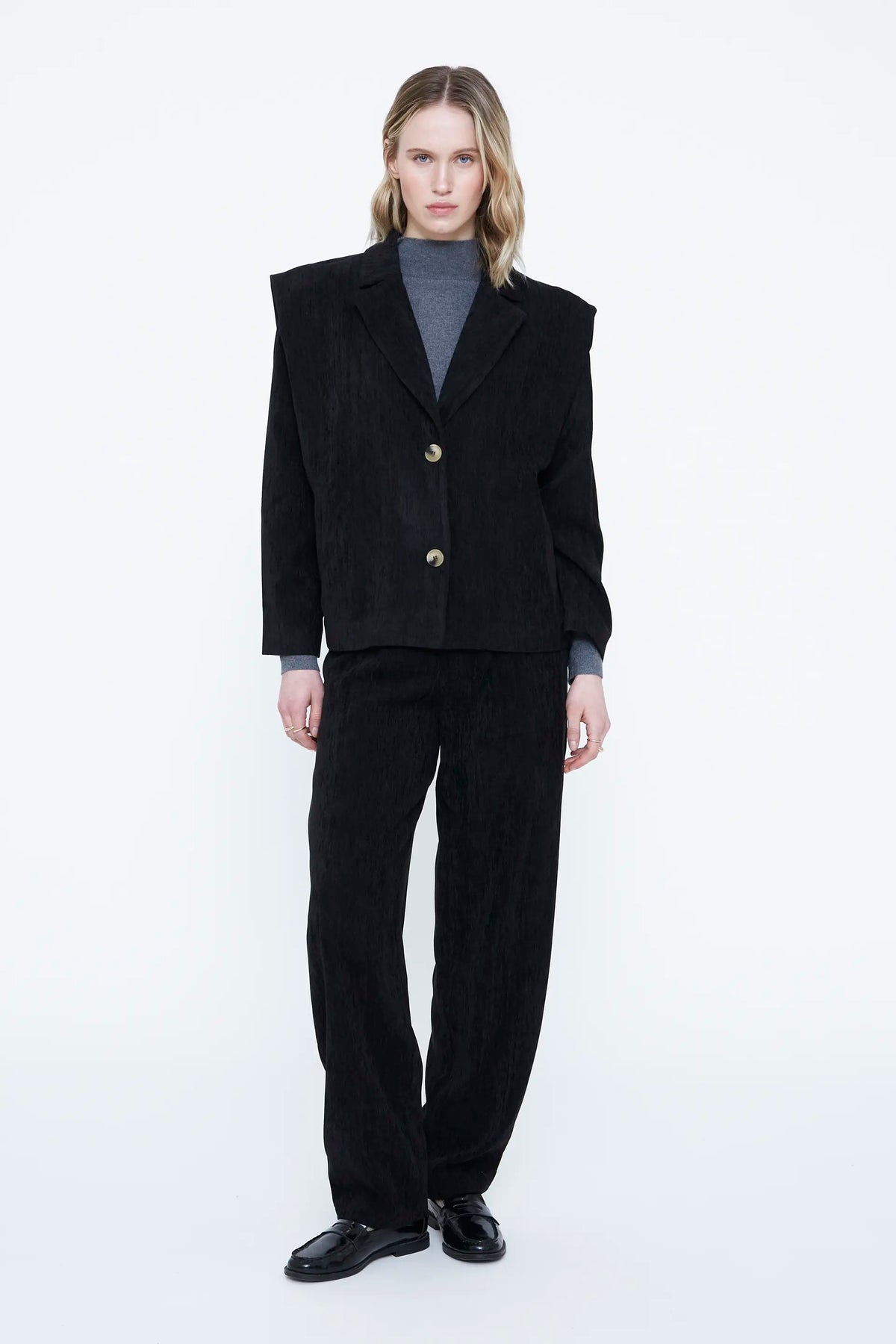 Black blazer with shoulder pads