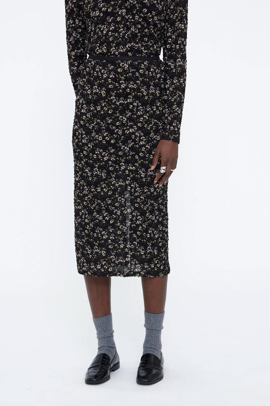 Midi skirt with bright green floral print