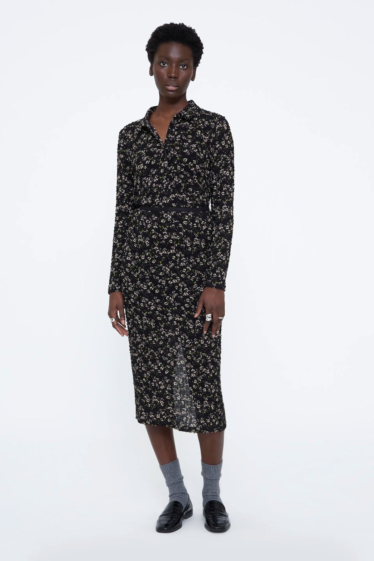 Midi skirt with bright green floral print