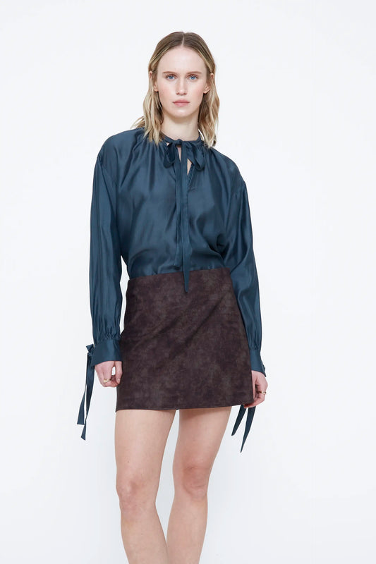 Blue satin shirt with bow detail