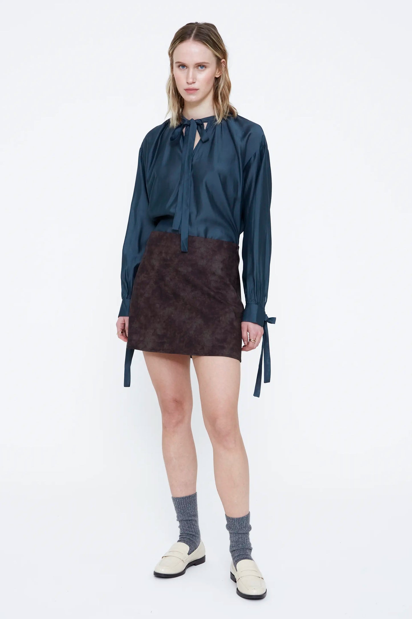Blue satin shirt with bow detail
