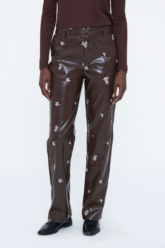 Pantalón piel sintética con estampado Almond Flower