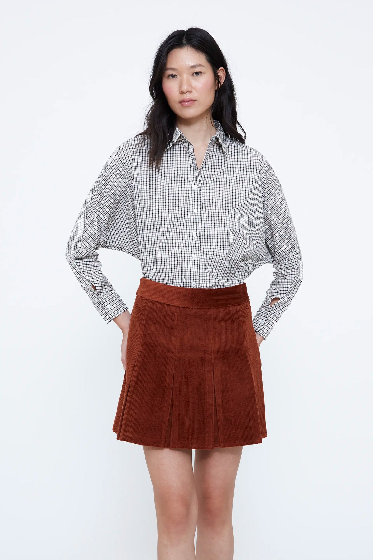 100% cotton shirt with black and brown plaid print