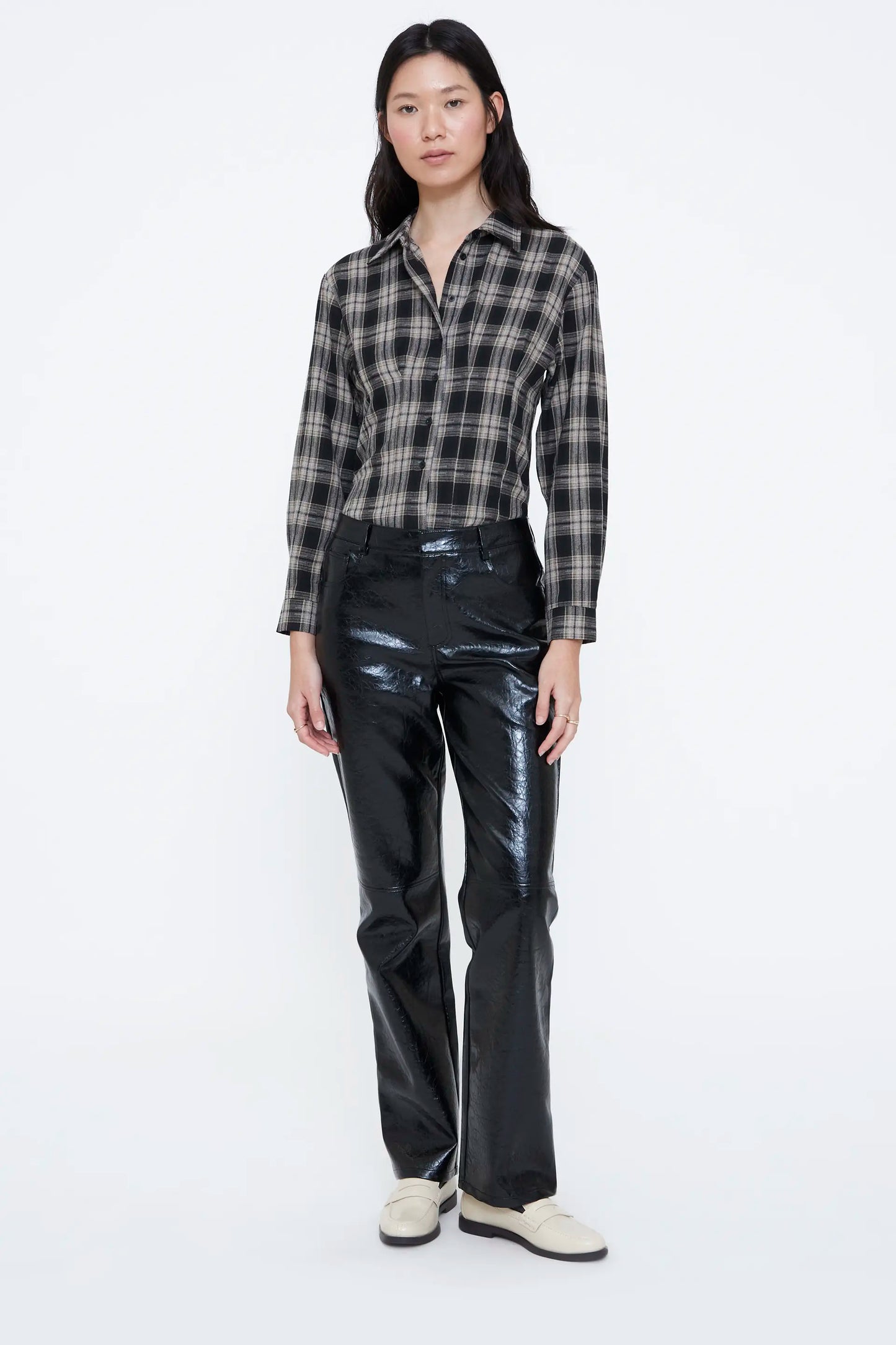 Camisa mezcla algodón con estampado de cuadros negro