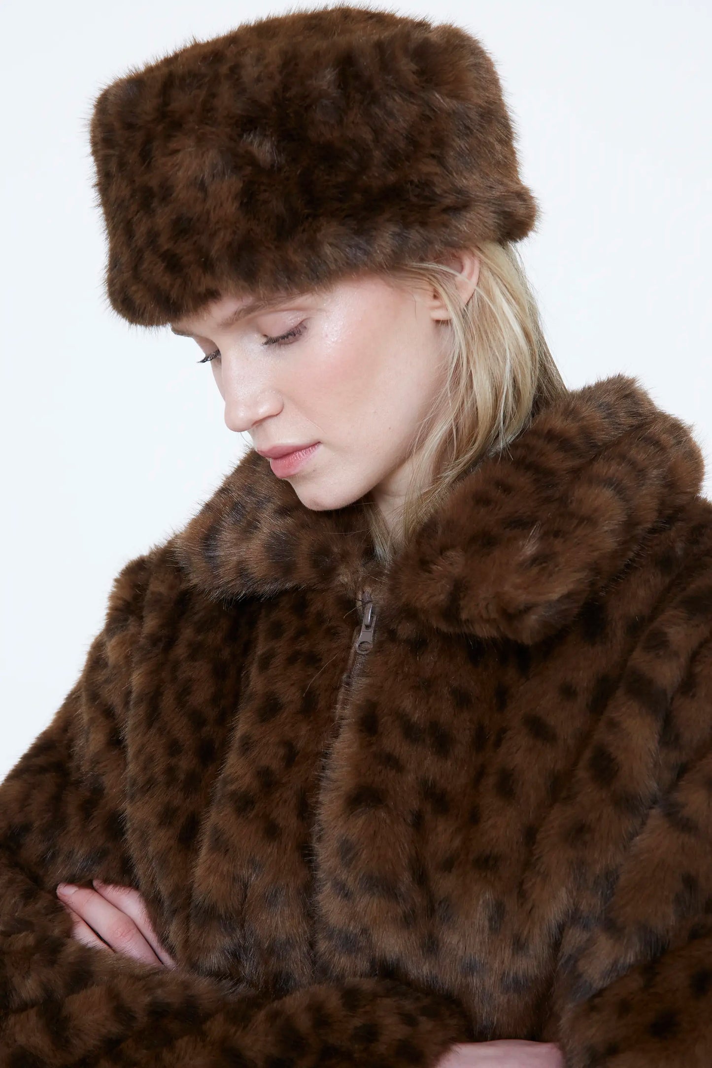 Leopard print faux fur hat