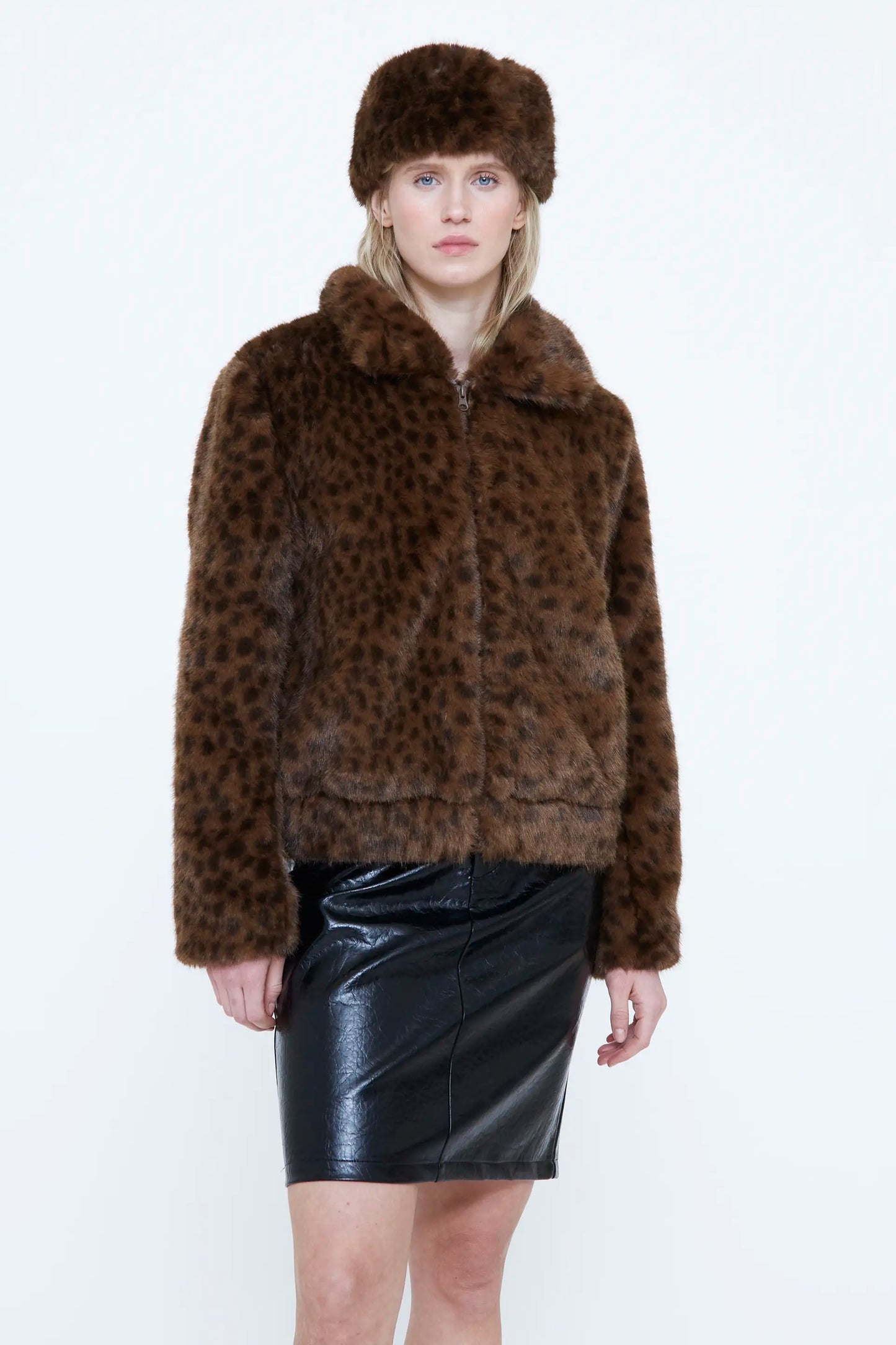 Leopard print faux fur hat