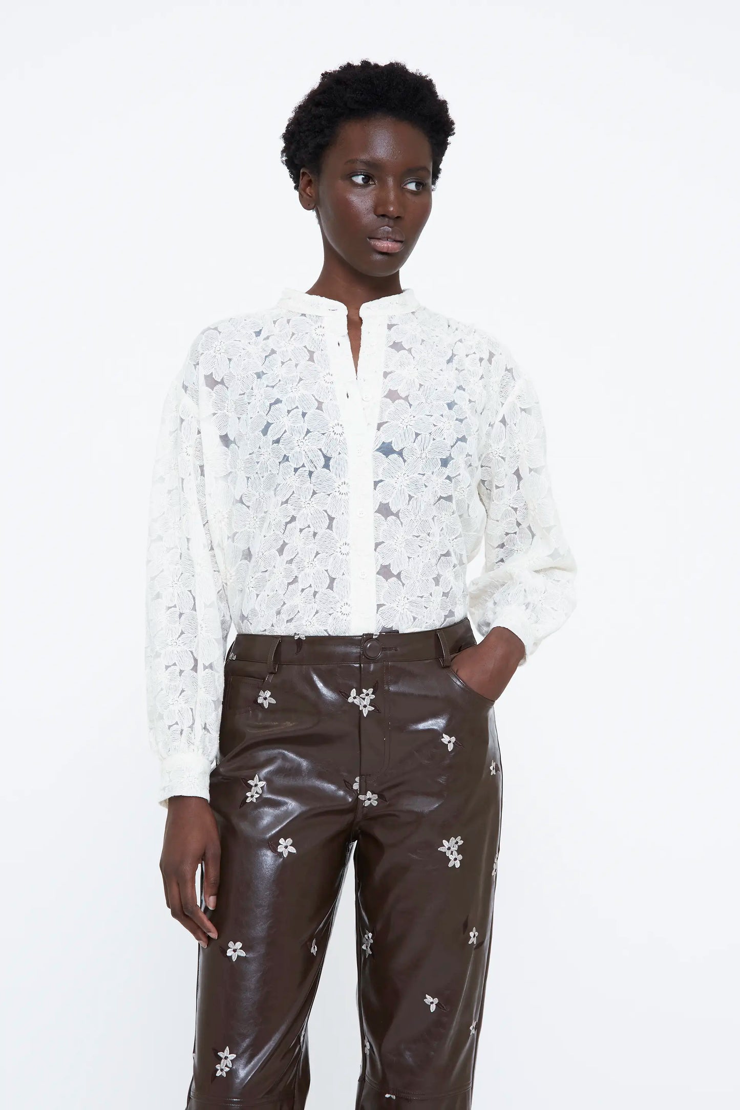 Off-white cotton blend shirt with floral embroidery