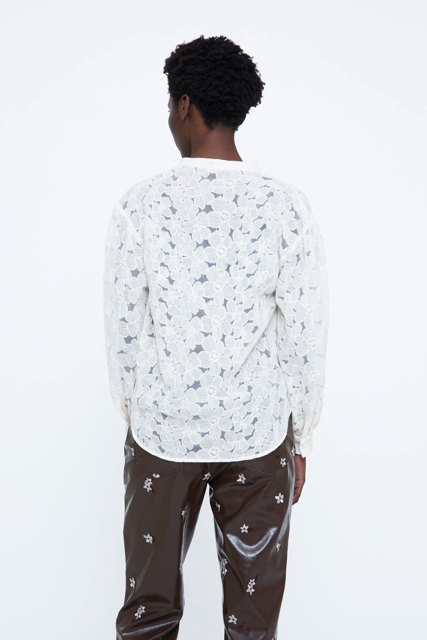 Off-white cotton blend shirt with floral embroidery