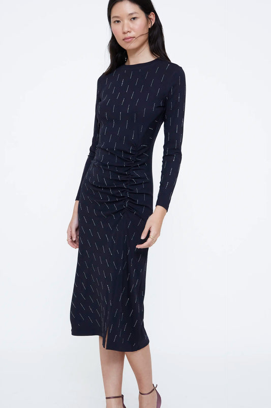 Navy midi dress with white appliqués