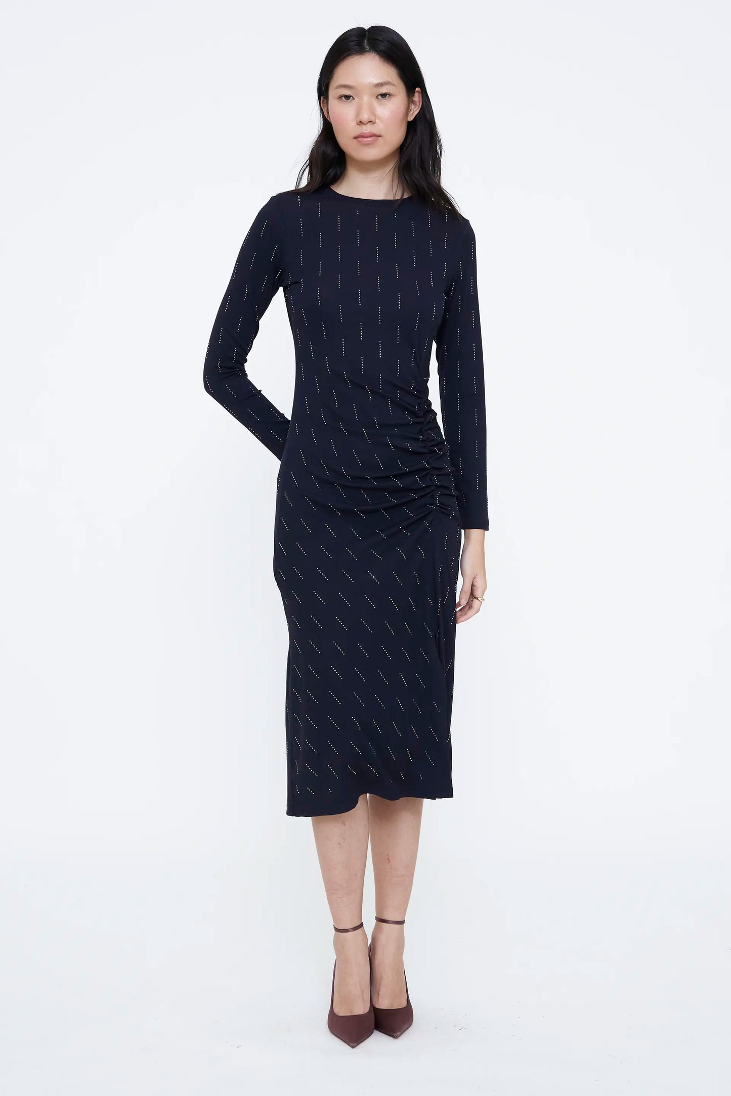 Navy midi dress with white appliqués
