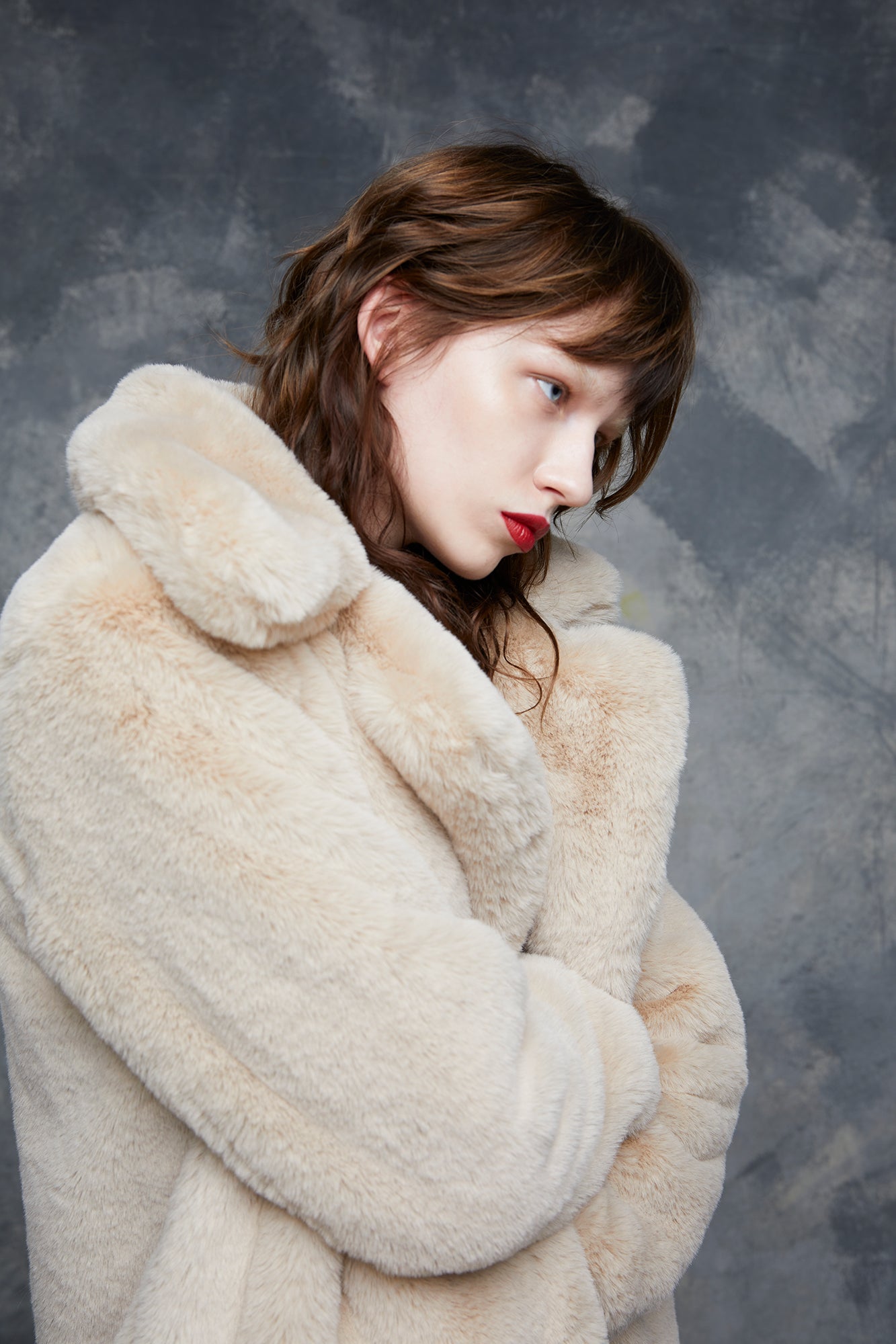 Midi fur coat with beige lapel collar